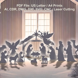 May include: A silhouette nativity scene with angels, the three wise men, and animals. The scene is set in front of a building with the text "PDF File: US Letter / A4 Prints" and file type information.