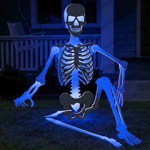 May include: A black skeleton cutout with a blue glow effect, featuring a skull, rib cage, and articulated limbs. Text at the top reads: PDF File: US Letter / A4 Prints, AI, CDR, DWG, DXF, SVG: CNC / Laser Cutting. Text at the bottom: the set includes seven stencil sizes.