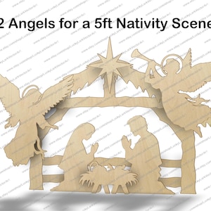 May include: Wooden Nativity scene with two angel figures, a star, and the text "2 Angels for a 5ft Nativity Scene". The scene includes silhouettes of Mary, Joseph, and baby Jesus in a manger. The figures are made of light-colored wood.