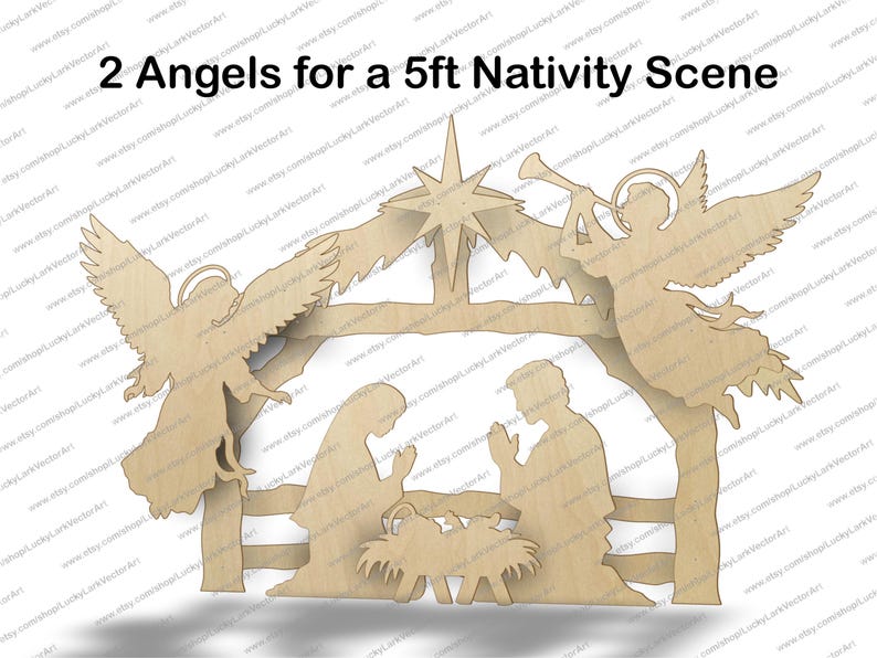 May include: Wooden Nativity scene with two angel figures, a star, and the text "2 Angels for a 5ft Nativity Scene". The scene includes silhouettes of Mary, Joseph, and baby Jesus in a manger. The figures are made of light-colored wood.