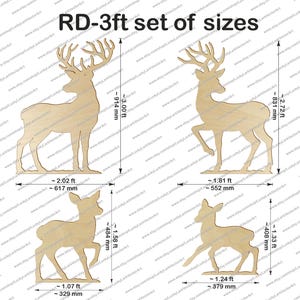May include: A set of four wooden deer cutouts in various sizes. The largest deer measures approximately 3 feet (914 mm) tall. The image includes measurements in feet and millimeters, with the text "RD-3ft set of sizes".