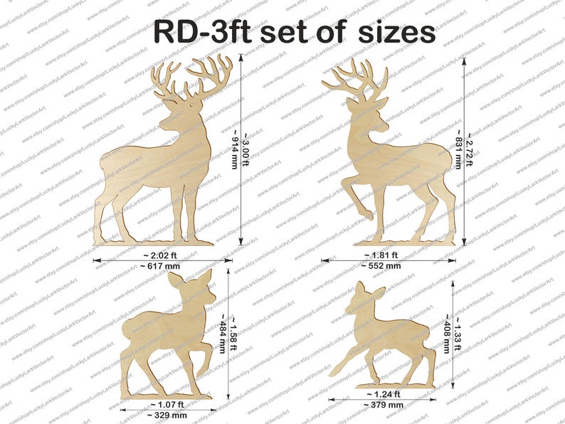 May include: A set of four wooden deer cutouts in various sizes. The largest deer measures approximately 3 feet (914 mm) tall. The image includes measurements in feet and millimeters, with the text "RD-3ft set of sizes".