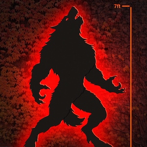 May include: Black silhouette of a werewolf howling, set against a red glow and a brick wall background. The image includes the text "LUCKY LARK Vector Art" and "PDF File: US Letter / A4 Prints". The werewolf is approximately 7 feet tall.