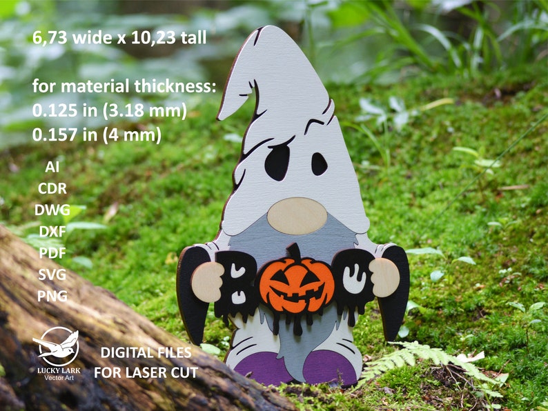 May include: A white ghost gnome holding a black "BOO" sign and a carved orange pumpkin with a dripping face. The gnome is 6.73 inches wide and 10.23 inches tall. Digital files for laser cutting.
