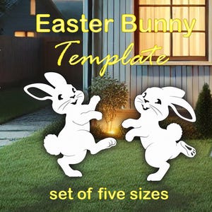 Puede incluir: Plantilla de conejito de Pascua blanco con el texto "Easter Bunny Template" en amarillo. La imagen muestra dos recortes de conejito blanco sobre un césped verde. También es visible el texto "set of five sizes".
