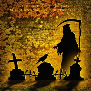3ft, 4ft spooky Graveyard Template life size, Printable trace and Cut Halloween Silhouette Decor Templates, Stencils, PDF