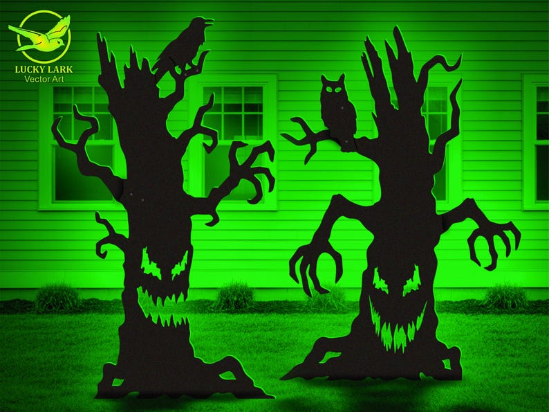 May include: Two black silhouette tree cutouts with jagged, glowing green eyes and mouths. The left tree features a perched crow, while the right tree displays an owl. Both trees have twisted, claw-like branches against a bright green background.