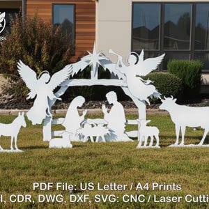 Puede incluir: Escena de la natividad cortada con láser en blanco, con ángeles, una estrella y figuras de María, José y el niño Jesús. Incluye un burro, una vaca y una oveja. El texto en la parte inferior dice "PDF File: US Letter / A4 Prints".