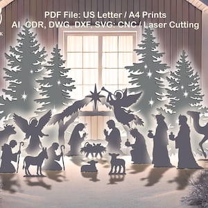 May include: A laser-cut Christmas nativity scene with silhouettes of angels, the Three Wise Men, and animals. The text "PDF File: US Letter / A4 Prints" is visible. The artwork is designed for CNC or laser cutting.