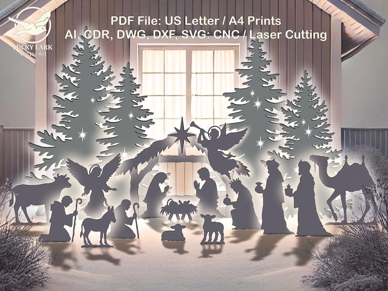 May include: A laser-cut Christmas nativity scene with silhouettes of angels, the Three Wise Men, and animals. The text "PDF File: US Letter / A4 Prints" is visible. The artwork is designed for CNC or laser cutting.