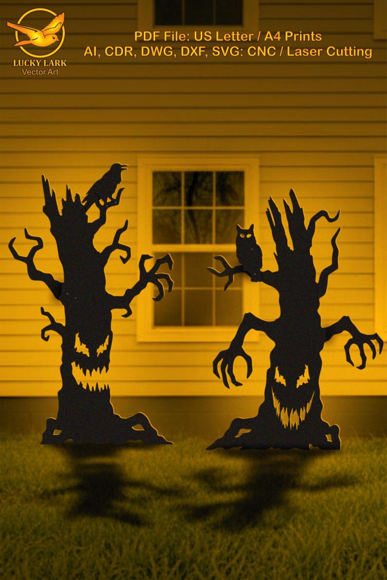 May include: Two black silhouette tree cutouts with jagged, glowing yellow eyes and mouths. One tree features a perched crow, the other an owl. Text reads: PDF File: US Letter / A4 Prints, AI, CDR, DWG, DXF, SVG: CNC / Laser Cutting, LUCKY LARK Vector Art.