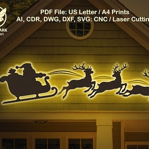 May include: A silhouette of Santa Claus in his sleigh, pulled by reindeer, against a yellow glowing background. The image is a vector art design, with text indicating it's a PDF file for US Letter and A4 prints, suitable for laser cutting.