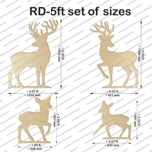 May include: A set of four wooden deer cutouts in various sizes. The largest deer is approximately 5 feet tall and 3.37 feet wide. The image includes measurements in feet and inches.