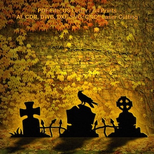 3ft, 4ft Graveyard Template when made, Printable trace and Cut Halloween Silhouette Decor Templates, Stencils, PDF