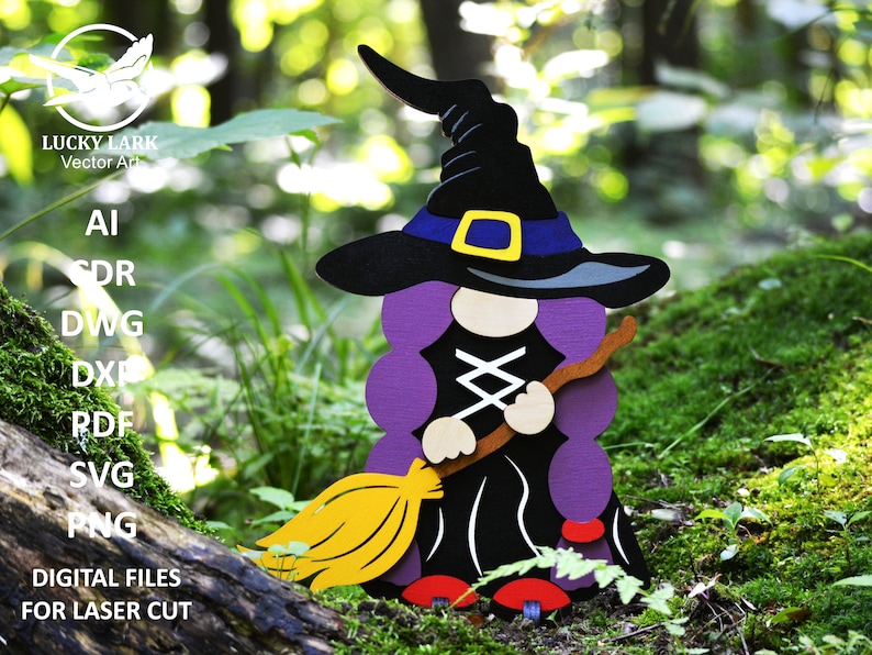 May include: A purple and black witch gnome holding a broom with a yellow bristle. The gnome is wearing a black hat with a blue band and a yellow buckle. The gnome is standing on a bed of green moss.
