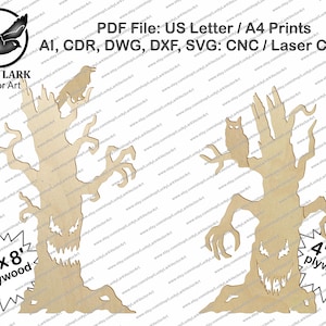 May include: Two wooden tree cutouts with jagged, toothy faces and gnarled branches. One tree features a bird perched on a branch, while the other features an owl. Text includes: PDF File: US Letter / A4 Prints, AI, CDR, DWG, DXF, SVG: CNC / Laser Cutting, 4'x8' plywood.