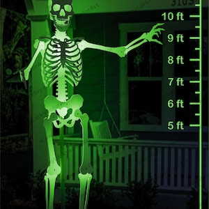 May include: A glowing green skeleton cutout standing next to a vertical height scale marked from 5 ft to 11 ft. The text reads PDF File: US Letter / A4 Prints, AI, CDR, DWG, DXF, SVG: CNC / Laser Cutting, Lucky Lark Vector Art, and the set includes seven stencil sizes.