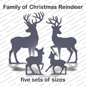 May include: Silhouette art of a family of Christmas reindeer. The image features two adult reindeer with large antlers and two smaller reindeer. The text "Family of Christmas Reindeer" and "five sets of sizes" are displayed.