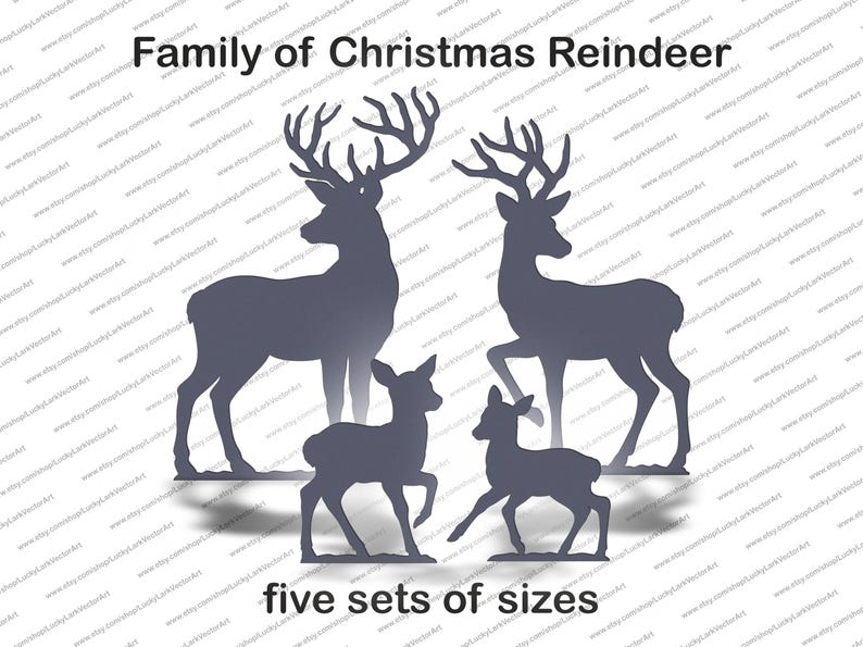 May include: Silhouette art of a family of Christmas reindeer. The image features two adult reindeer with large antlers and two smaller reindeer. The text "Family of Christmas Reindeer" and "five sets of sizes" are displayed.