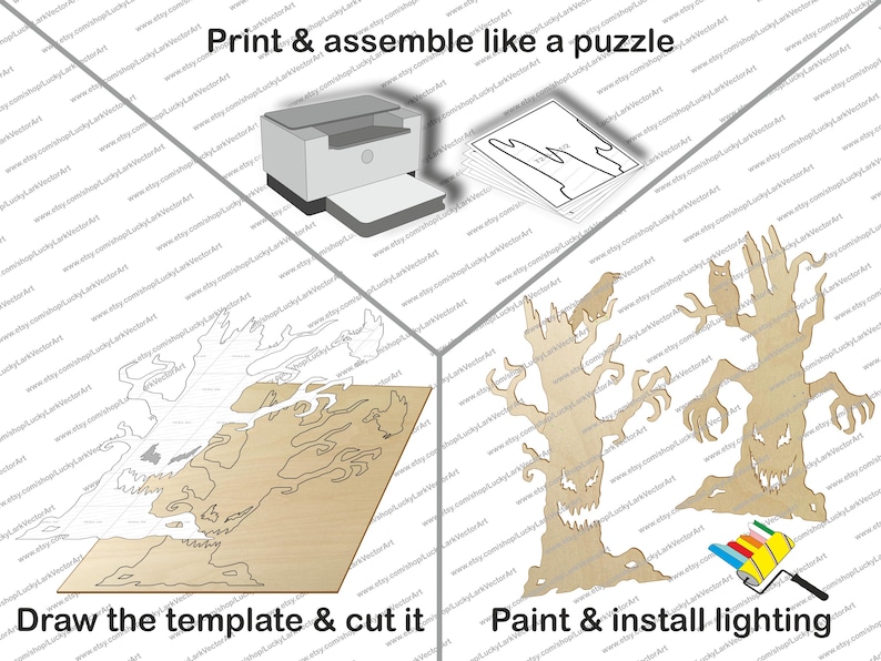 May include: A digital instructional graphic showing three steps: print and assemble paper templates like a puzzle, trace the templates onto wood and cut them out, then paint the resulting tree shapes and install lighting.