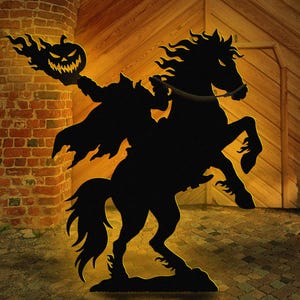May include: Black silhouette of the Headless Horseman riding a rearing horse, holding a jack-o'-lantern. The artwork is set against a brick wall and wooden door background. Text includes "LUCKY LARK Vector Art" and "PDF File: US Letter / A4 Prints".