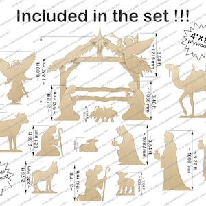 May include: A set of wooden nativity scene figures, including an angel, stable, camel, and various other figures. The set includes figures up to 6.00 ft (1830 mm) tall and is made from six sheets of 4'x8' plywood.