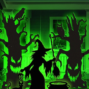 May include: Black silhouettes of a witch, a cat, a cauldron, and two spooky trees with an owl and a raven against a bright green background. Text reads: PDF File: US Letter / A4 Prints, AI, CDR, DWG, DXF, SVG: CNC / Laser Cutting, LUCKY LARK Vector Art.