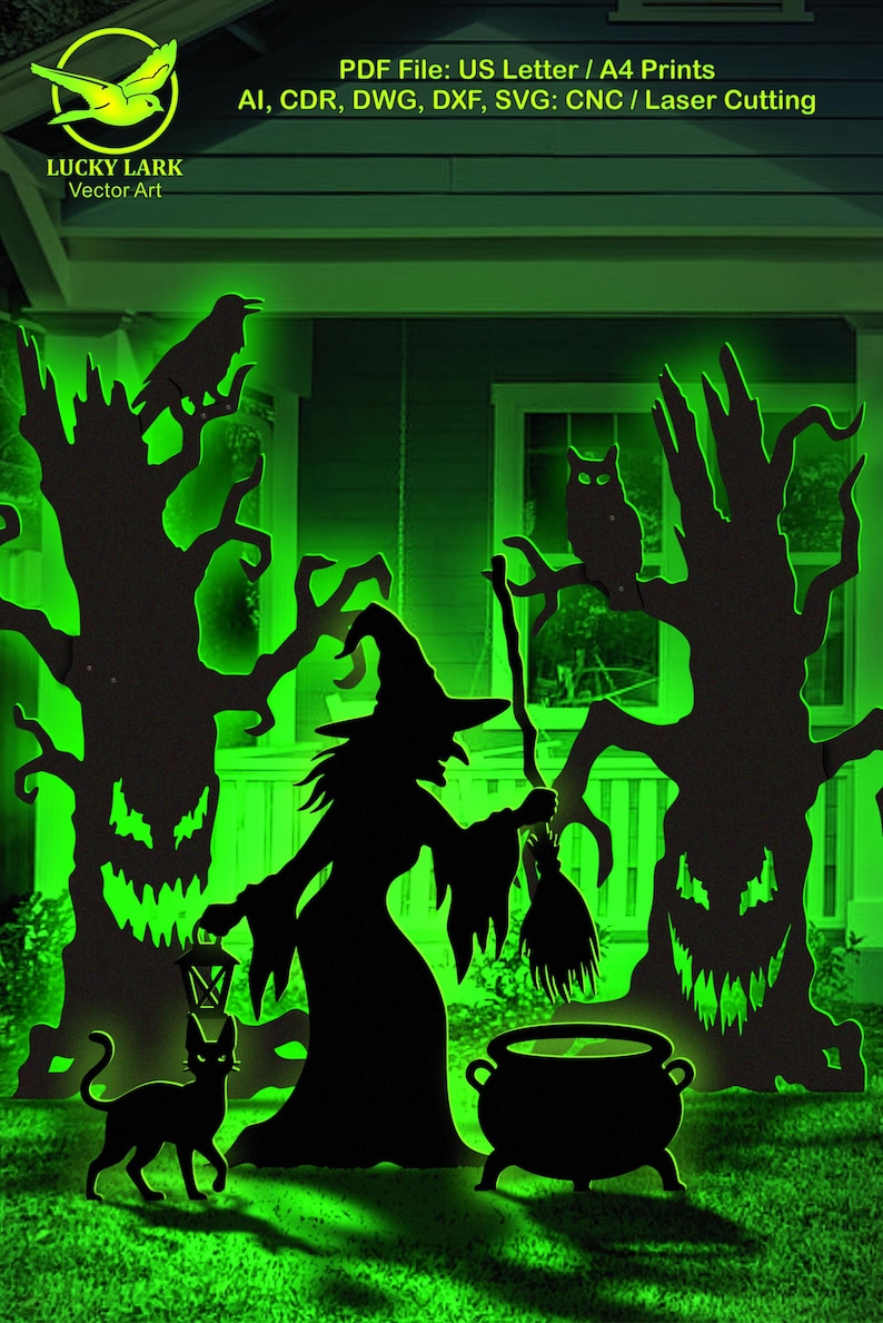 May include: Black silhouettes of a witch, a cat, a cauldron, and two spooky trees with an owl and a raven against a bright green background. Text reads: PDF File: US Letter / A4 Prints, AI, CDR, DWG, DXF, SVG: CNC / Laser Cutting, LUCKY LARK Vector Art.