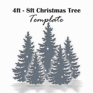 Puede incluir: Una plantilla para crear un árbol de Navidad de 1,20 a 2,40 metros. La plantilla muestra una silueta de cuatro pinos grises con estrellas blancas.