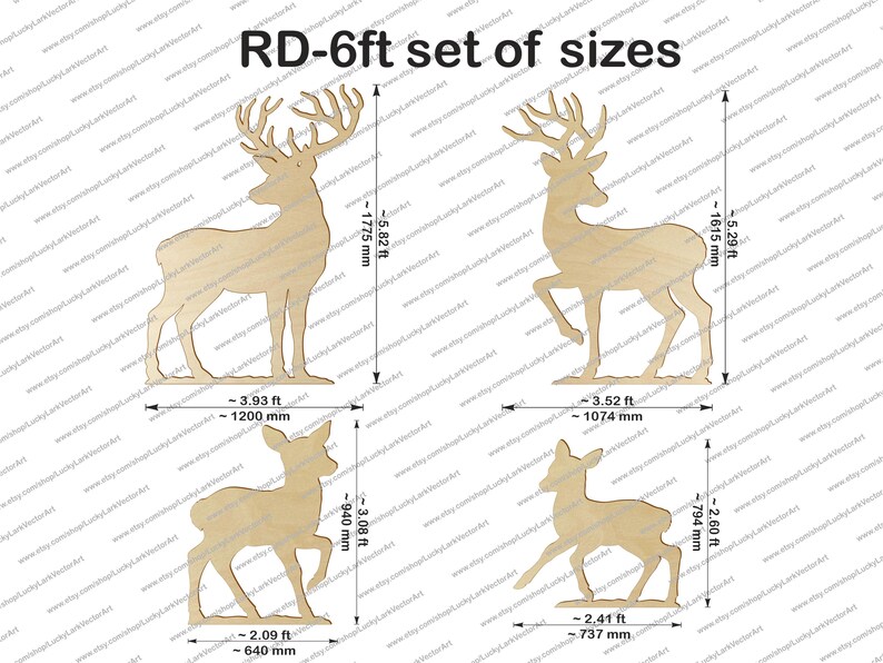 May include: A set of four wooden deer cutouts in various sizes. The largest deer measures approximately 5.82 ft tall and 3.93 ft wide. The image includes measurements in feet and inches, and the text "RD-6ft set of sizes".