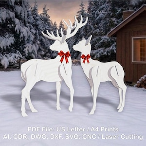 May include: Two white deer figures with large antlers and red bows around their necks. The text reads: Lucky Lark Vector Art, PDF File: US Letter / A4 Prints, AI, CDR, DWG, DXF, SVG: CNC / Laser Cutting. These are flat, cutout-style designs.