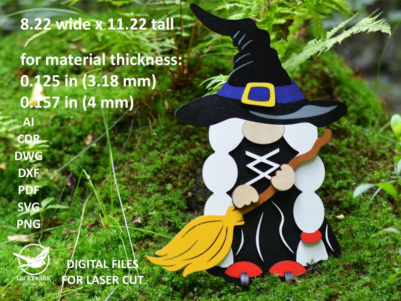 May include: A witch gnome with a black hat, white hair, and a black dress holding a broom. The gnome is 8.22 inches wide and 11.22 inches tall. Digital files for laser cutting.