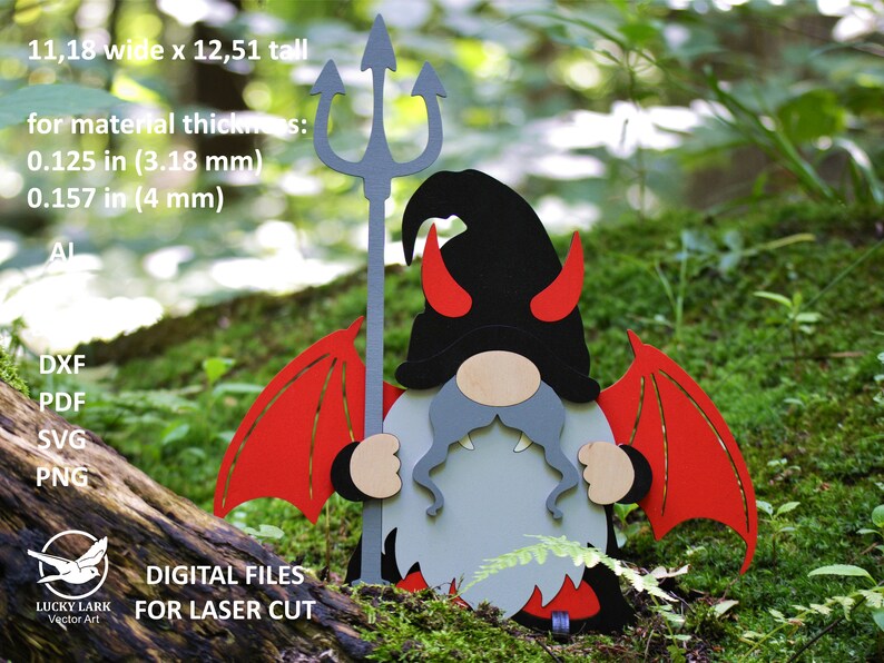 May include: A red and black devil gnome with wings, horns, and a trident. The gnome is holding the trident in its right hand. The gnome is standing on a bed of moss. The image includes the text "11,18 wide x 12,51 tall" and "for material thickness: 0.125 in (3.18 mm) 0.157 in (4 mm)".