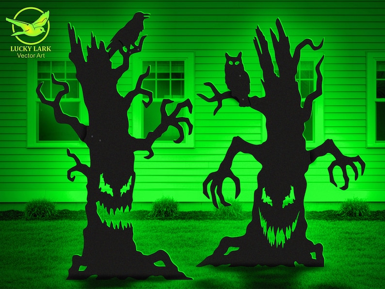 May include: Two black, flat, tree-shaped silhouettes with jagged, glowing green eyes and mouths. The left tree features a perched raven, while the right tree features a perched owl. Both trees have twisted, claw-like branches and textured bark.