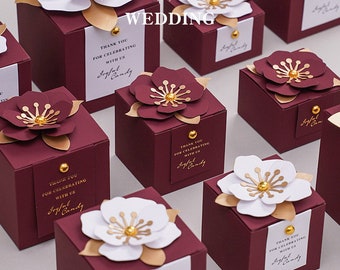 Red Wedding Favors Candy Boxes/ Elegant 3D Flower Square Gift Box- Modern and Stylish Wedding Favor, Anniversary Favor Gift Packing Box