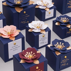 Navy Blue Wedding Favors Candy Packing Boxes/ Elegant 3D Flower Square Gift Box-Modern and Stylish Wedding Favor, Anniversary Favor Gift Box