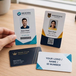 May include: Four rectangular identification cards featuring various designs. Two vertical cards display portraits, names, and logos for Nexora Technologies and Northfield Academy. Two horizontal cards show Prime Club membership and a template for logo and ID.