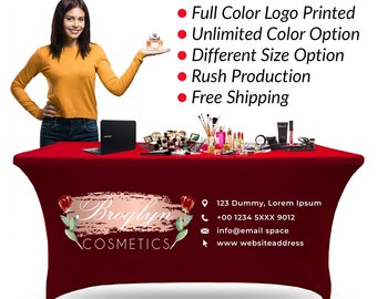 6 ft Fitted Table Covers With Your Own Logo and Brand Name, Personalized Stretch Table Cloth For Trade Show Display, Custom Fitted Decor