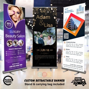 Retractable Banner Custom Logo, Personalise Roll Up Banner For Trade Show Vendor Booth Beauty Shop, Customized Pull Up Banner with Stand