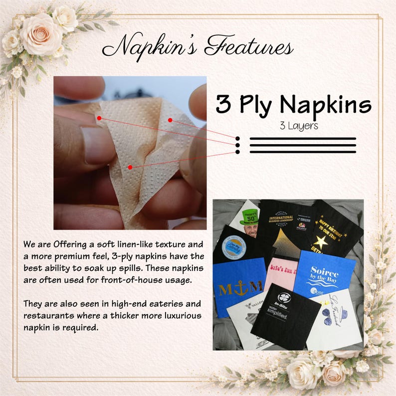 May include: A set of 3-ply napkins featuring a soft, linen-like texture. The image displays a close-up of the three distinct layers of a beige napkin and a collection of various square napkins in black, blue, white, and pink with printed text.