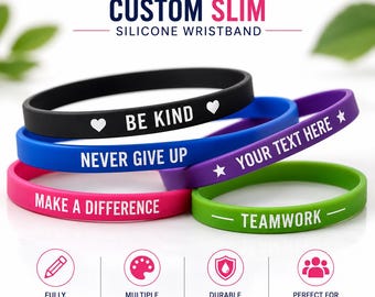 Custom Slim Silicone Wristbands | Personalized Thin Rubber Bracelets | Custom Text Bands for Events, Gifts, Awareness & Medical Alert