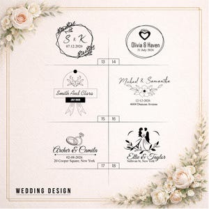 May include: A collection of six black ink wedding stamp designs on a cream background with floral accents. Designs include names like S & K, Olivia & Haven, Smith And Clara, Michael & Samantha, Archer & Camila, and Ellie & Taylor with dates and addresses.