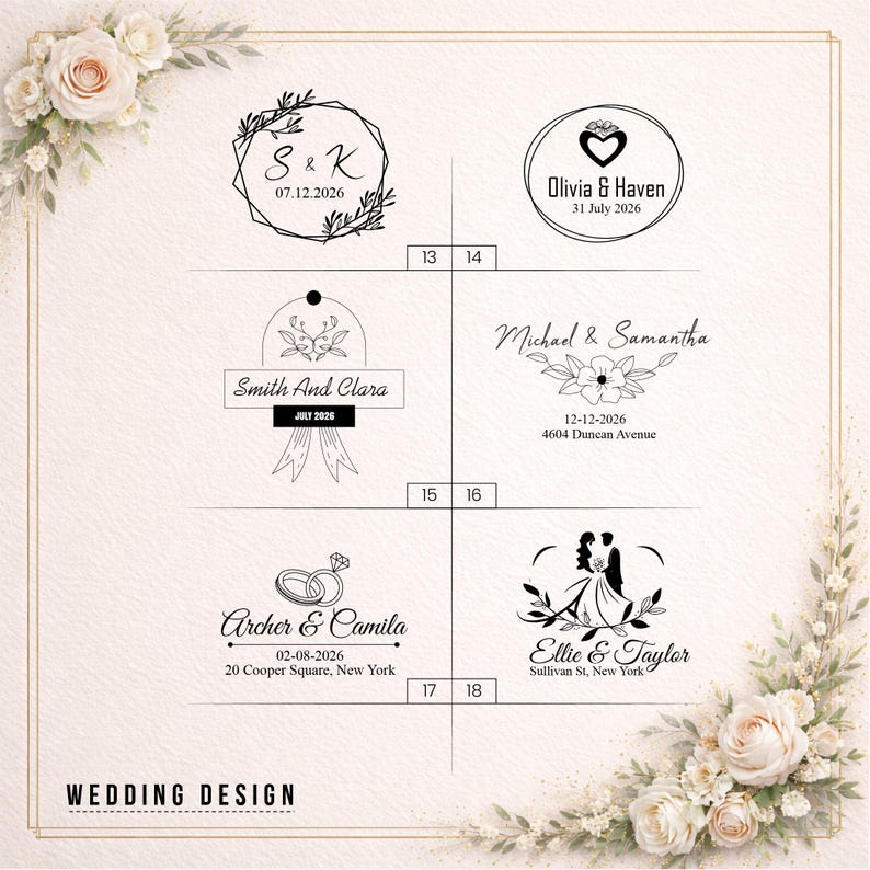 May include: A collection of six black ink wedding stamp designs on a cream background with floral accents. Designs include names like S & K, Olivia & Haven, Smith And Clara, Michael & Samantha, Archer & Camila, and Ellie & Taylor with dates and addresses.