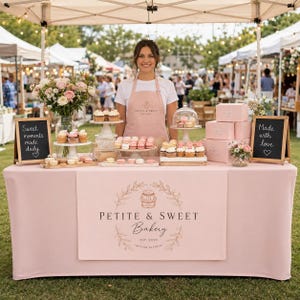 Puede incluir: Una mesa de exposición de pastelería rosa con un mantel que lleva el texto Petite & Sweet Bakery, surtido de cupcakes y macarons en soportes, cajas de regalo rosas y dos pizarras negras con mensajes escritos a mano en tinta blanca.