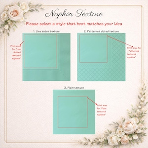 May include: A guide titled Napkin Texture displaying three options: 1. Line dotted texture, 2. Patterned dotted texture, and 3. Plain texture. Each option shows a square mint green napkin with a red outlined print area and red arrows.