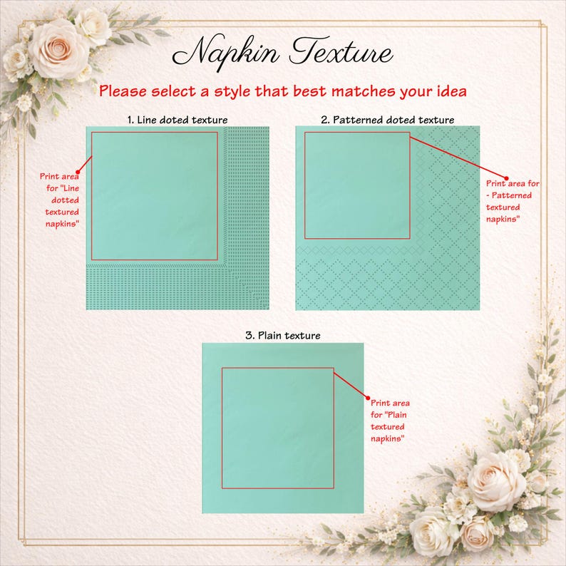 May include: A guide titled Napkin Texture displaying three options: 1. Line dotted texture, 2. Patterned dotted texture, and 3. Plain texture. Each option shows a square mint green napkin with a red outlined print area and red arrows.