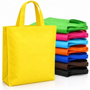 May include: A collection of rectangular tote bags made of non-woven fabric, featuring a vertical orientation with two top handles. The bags are stacked in a vibrant array of colors including yellow, lime green, pink, light blue, orange, blue, brown, and black.