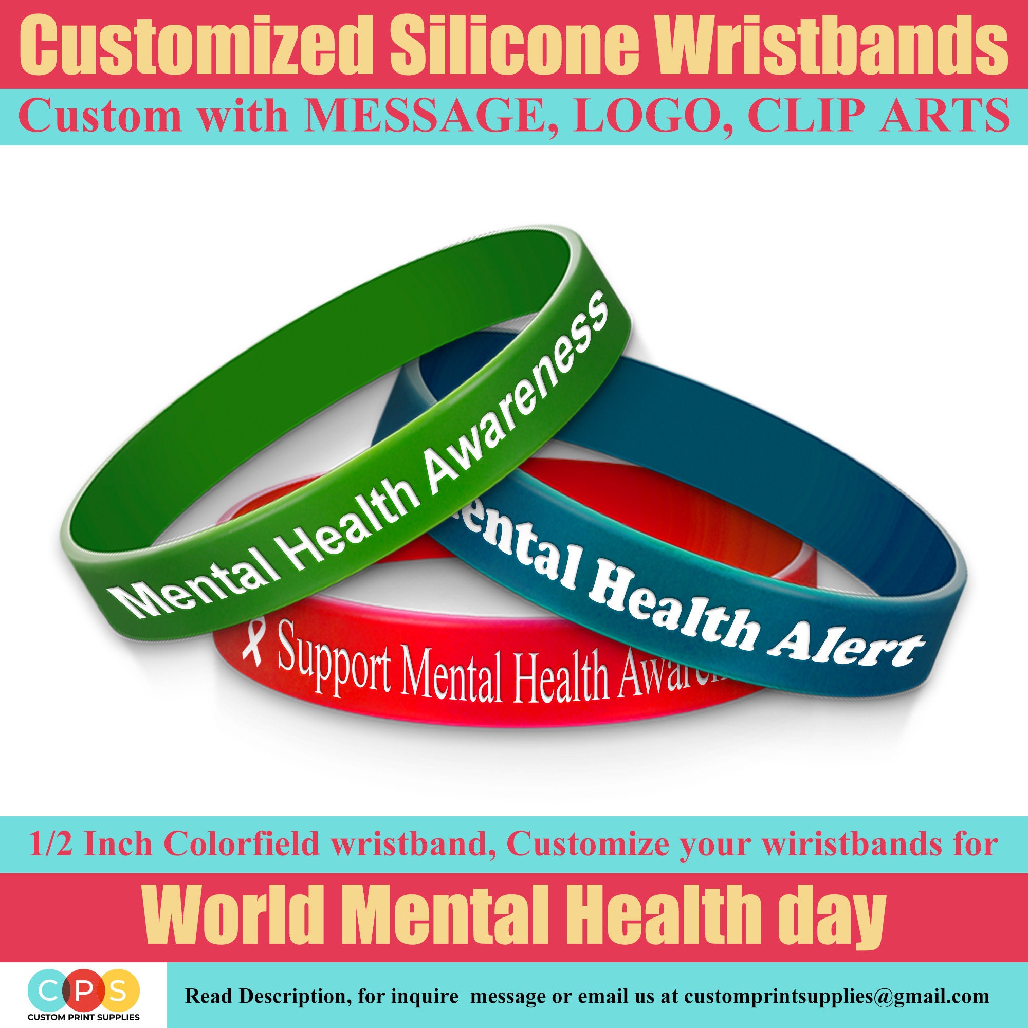 Custom Debossed Silicone Wristband: Mental Health Awareness, Logo