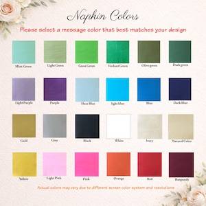 May include: A colour chart displaying twenty-four square swatches labelled with names including Mint Green, Light Green, Grass Green, Verdant Green, Olive green, Dark green, Light Purple, Purple, Haze Blue, light blue, Blue, Dark Blue, Gold, Grey, Black, White, Ivory, Natural Color, Yellow, Light Pink, Pink, Orange, Red, and Burgundy, with the text Napkin Colours and Please select a message colour that best matches your design.