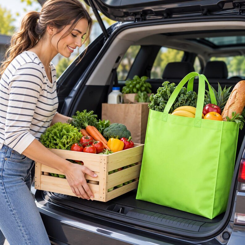 May include: A light green reusable fabric grocery bag filled with fresh produce including bananas, a red apple, an orange, leafy greens, and a loaf of bread, positioned next to a wooden crate containing carrots, tomatoes, broccoli, and lettuce.